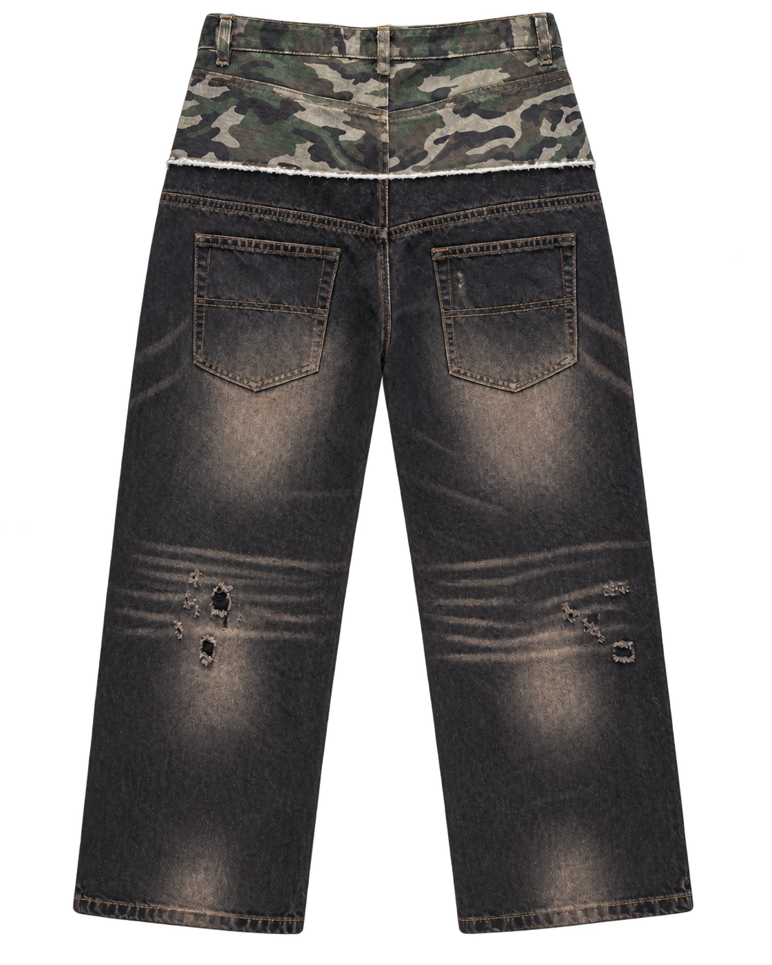 Back view of a pair of distressed black denim jeans with a camouflage print waistband and ripped details on the legs, shown against a plain white background.